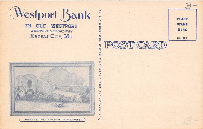 H20/ Kansas City Missouri Postcard Linen Westport Bank Building Loans