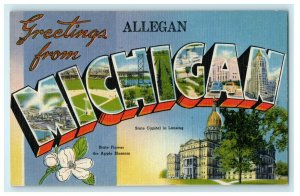 1935 State Capital in Lansing, Greetings from Allegan Michigan MI Postcard