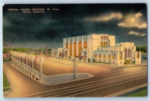 1940 Omaha Nebraska Vintage Postcard Union Station Night Moon Building Unposted