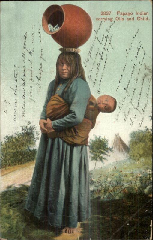 Papago Native Indian Woman Carrying Pottery & Baby c1905 Postcard