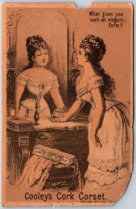 1880s-90s Trade Card, Cooley's Cork Corset, Woman In Corset Looking Into Mirror