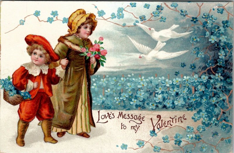 Valentine Children Flowers Doves Loves Message Saratoga Springs NY Postcard V3