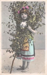 US18 Europe Germany postcard of young girl with tree branch  flowers fantasy