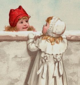 1880s Victorian Christmas Card Two Cute Little Girls 3Q