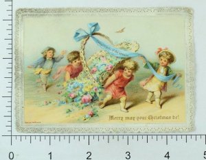 1870's-80's Christmas Card Paper Lace Border  Children Cherubs Big Basket P81 