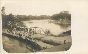 c1910 RPPC Townspeople Standing on Steel Bridge at High Water/ Flood, Unknown US