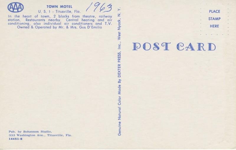 Town Motel Titusville FL Fla. Florida Gus D'Emilio c1950s Vintage Postcard D1