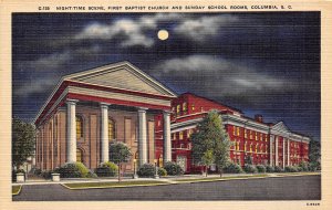 Columbia South Carolina 1940s Postcard Night Scene First Baptist Church 