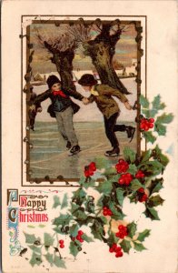 Glitter Happy Christmas Postcard Children Holding Hands Ice Skating, Holly