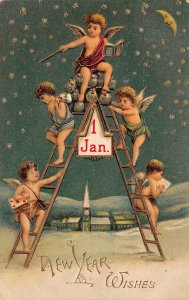 New Year Wishes, Angels On Ladder, January 1st Date, Vintage PC U17912