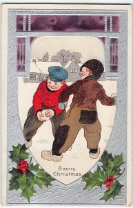 Merry Christmas Boys Throwing Snowballs 1910s Embossed Antique Postcard