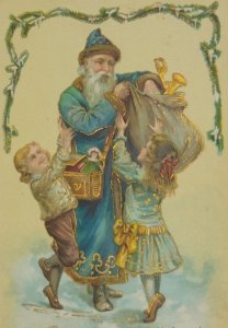 Santa Blue Robe Old World Toys Gold Antique Vintage Christmas Postcard Germany