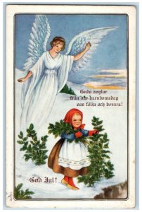 Christmas Postcard Angel Girl Picking Pine Leaf Winter Embossed Minneapolis MN