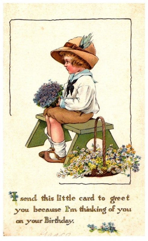 Children , Victorian Boy sitting with flowers