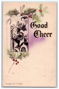 EB Scofield Signed Christmas Postcard Good Cher Santa Claus Holly Berries 1909