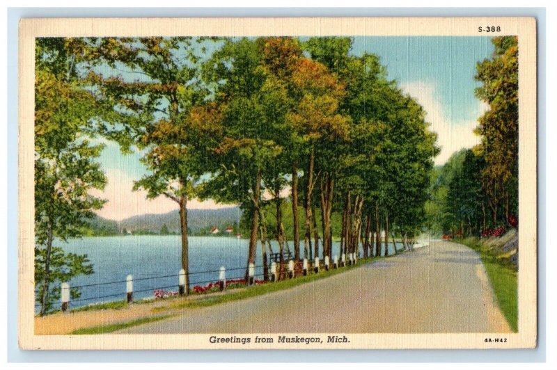 1941 Greetings From Muskegon Michigan MI, Road And Sea View Vintage Postcard 