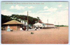 1910's LIGHTHOUSE POINT NEW HAVEN CONNECTICUT CT BATH HOUSES BEACH POSTCARD