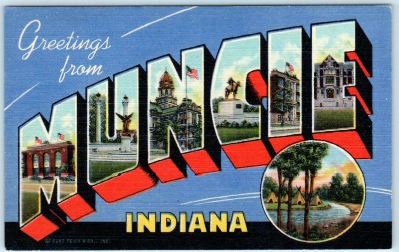 Large Letter Linen  MUNCIE, INDIANA IN  Delaware County  1940s Curteich Postcard