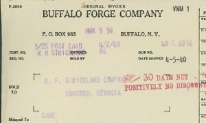 1940 Buffalo Forge Company Buffalo NY Steel Bushing R.F. Strickland Invoice 311