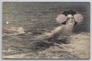 RPPC Woman Swimming Nude Risque Tinted Real Photo Postcard I36