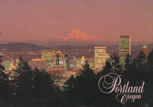 Oregon Portland Skyline and Mt Hood At Sunset 1985