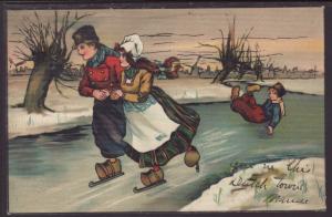 Dutch Man and Woman Ice Skating Postcard