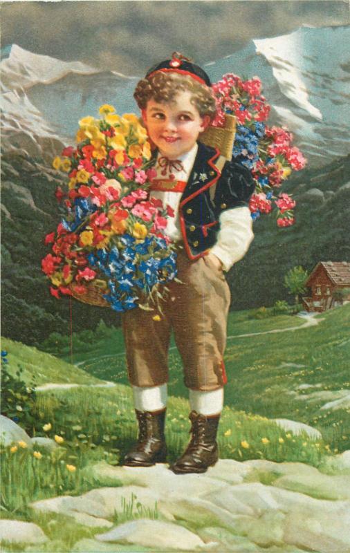 Swiss lad boy spring flowers folk costume Switzerland