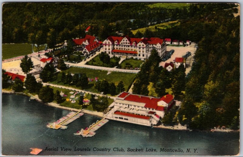 VINTAGE POSTCARD AERIAL VIEW OF LAURELS COUNTRY CLUB SACKETT LAKE MONTICELLO N.Y