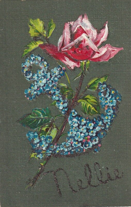 STILL LIFE, Red Rose & Forget-Me-Nots Anchor, NELLIE in glitter, 1900-10s