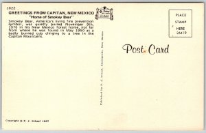 Capitan New Mexico 1970s Greetings Postcard Home Of Smokey Bear
