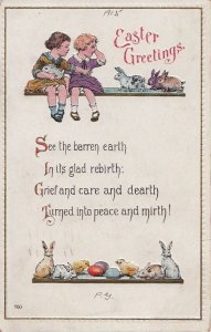 Postcard Easter Greetings Children Bunnies Poem