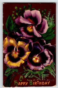 Birthday Flowers Postcard Purple Pansies Gel Germany Series 700 Vintage Greeting