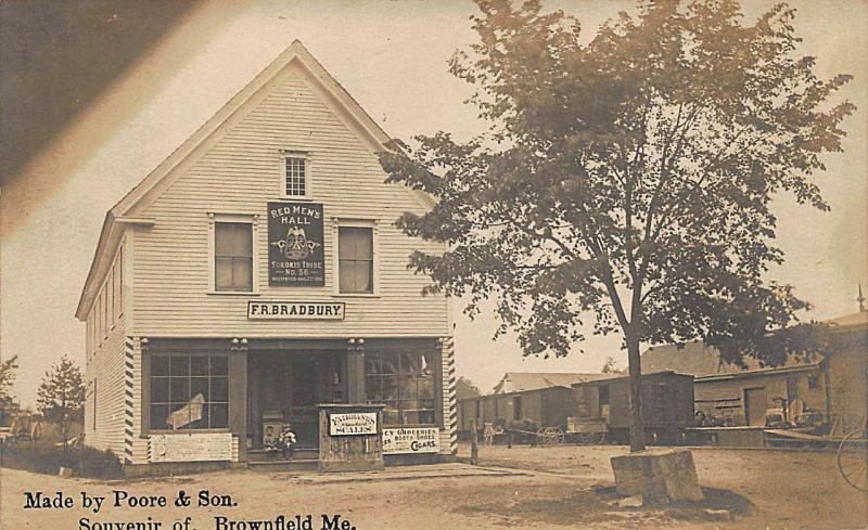 Brownfield ME F. R. Bradbury Store Red Men's Hall Railroad Sidding RPPC