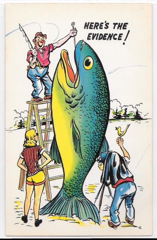 Vintage Comic Postcard Here's The Evidence! Fishing Exaggerated Fish Fisherman