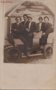 RPPC Postcard Group Men Old Car Flag with Stars