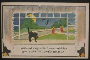 1910s Halloween Postcard Black Cats, Witch on a broom in sky with Full Moon