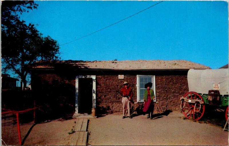 Postcard Sod House Colby Kansas Prairie Homestead Cowboy Cowgirl Hats Wagon 1935