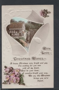 Embossed Greetings Postcard - Christmas Wishes With Love - Bells & Flowers T5794