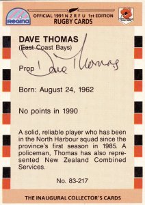 Dave Thomas North Harbour 1991 Hand Signed Rugby Card Photo