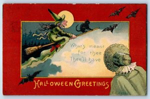 c1910s Halloween Greetings Witch Broomstick Black Cat And Bats Embossed Postcard