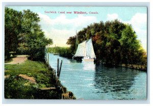 1907 Sailboat Scene, Sandwich Canal Near Windsor Ontario Canada Postcard 