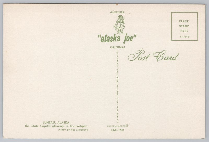 Juneau Alaska~Skyline from Bay @ Night~Capitol~Continental Postcard