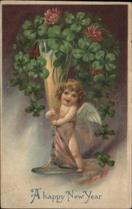 Fantasy Baby New Year with Champagne Glass of Shamrocks c1910 Vintage Postcard 