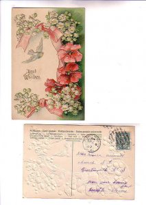 Embossed Dove, Flowers with Ribbons, Best Wishes, Used 1907