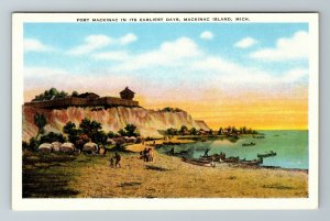 Mackinac Island MI-Michigan, Fort In It's Earliest Days, Vintage Linen Postcard