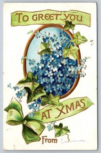 To Greet You At Xmas, Forget Me Nots, Antique B.B. London Christmas Postcard