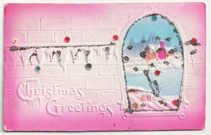 Christmas Greetings,Rural Scene Beads Glitter, Antique 1917 Airbrushed Postcard