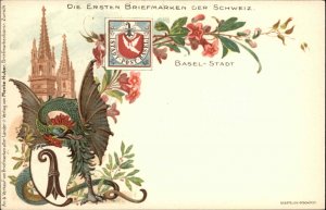 Switzerland Patriotic DRAGON & SHIELD ART Basel Stadt Menke Huber Postcard