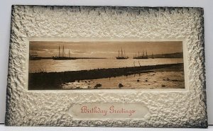 Birthday Greetings Seascape Ships Beach Airbrushed Nice Embossed Postcard G12