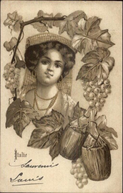 Art Nouveau - Italian Woman Grapes & Wine Bottles c1900 Postcard 